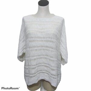 Eileen Fisher Sweater Womens Medium White Open Knit  100% Organic Cotton 3/4